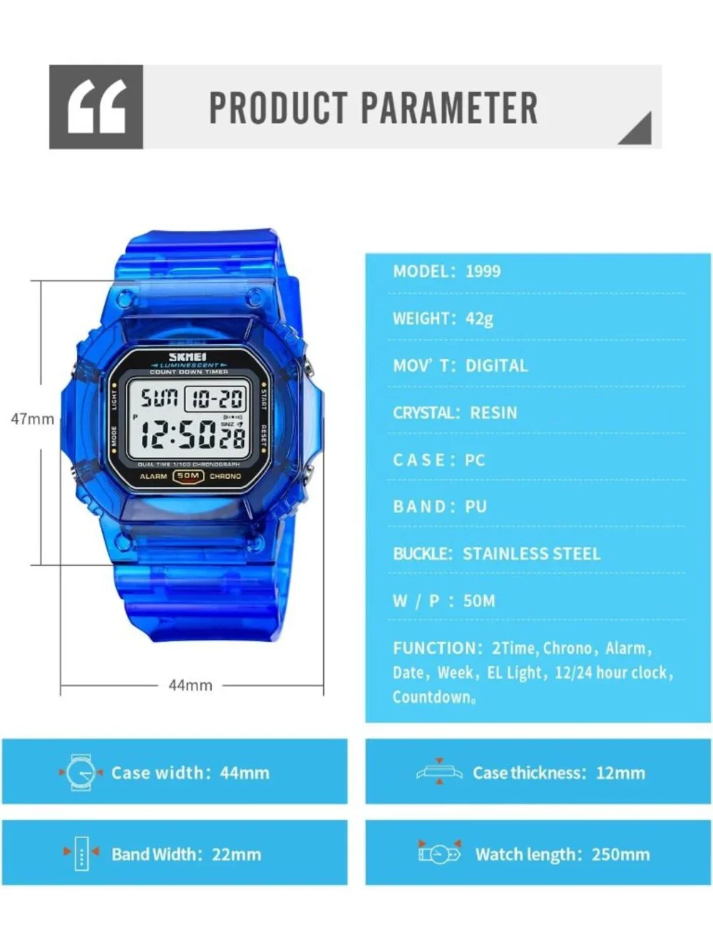 Stylish Digital Watch for Men & Women, Dual Time Display, 50M Waterproof